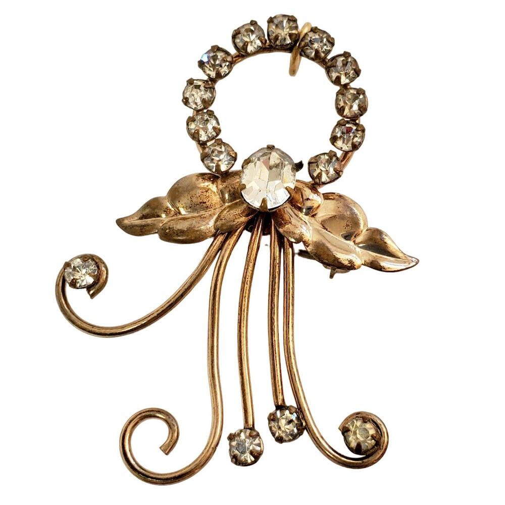 Signed DeCurtis 1/20 12K GF Floral Spray Brooch Pendant Rhinestone Vintage 1940s